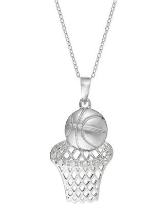 Diamond Basketball and Hoop Pendant Necklace in Sterling Silver (1/10 ct. t.w.)