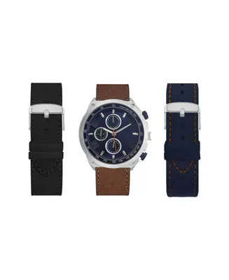American Exchange Men's Analog Black Strap Watch 47mm with Brown, Navy and Black Interchangeable Straps Set