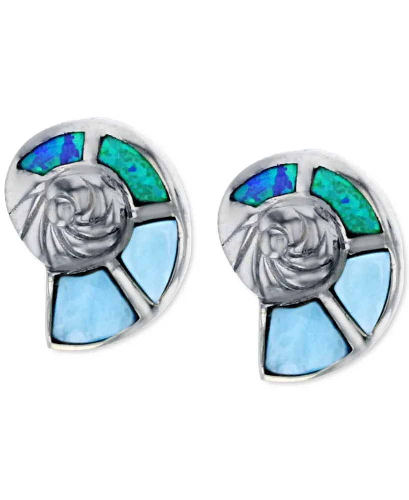 Lab-Grown Blue Opal & Larimar Shell Stud Earrings in Sterling Silver