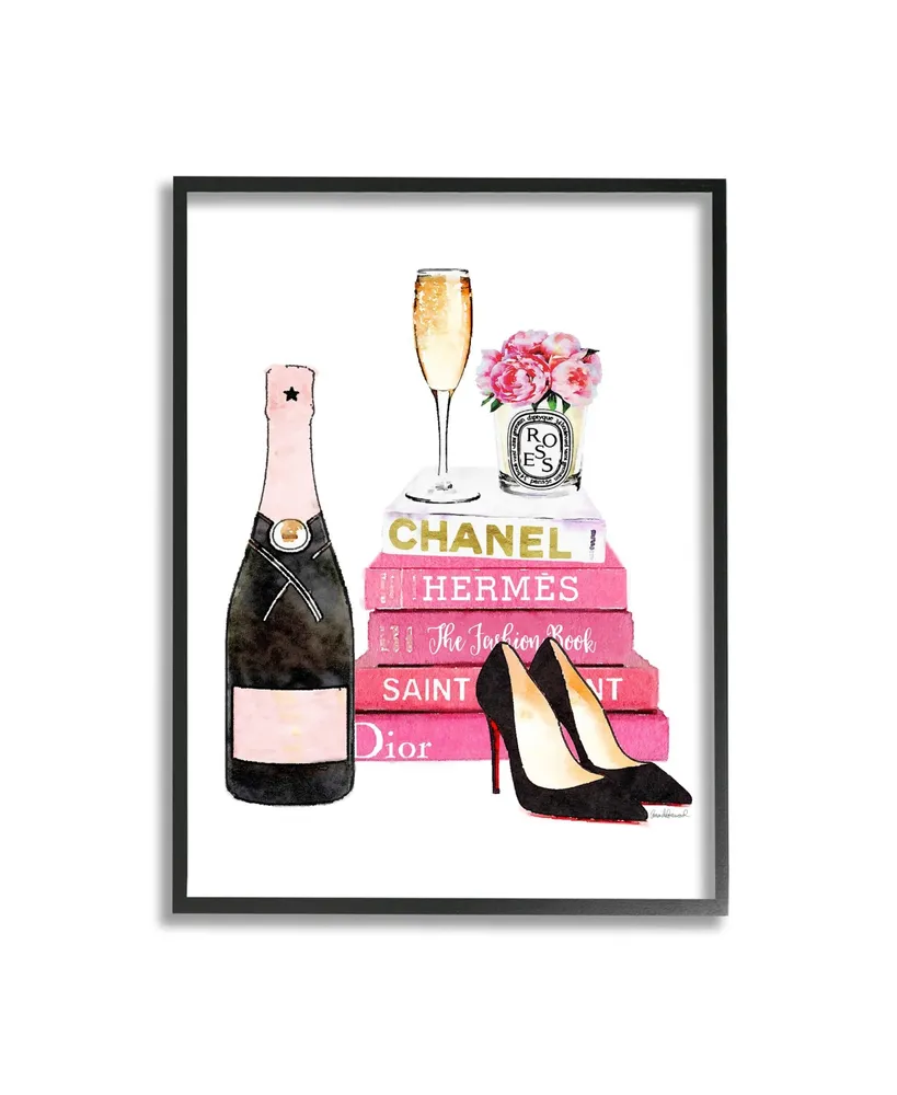 Stupell Industries Glam Pink Fashion Book Champagne Hells and Flowers Framed Giclee Art, 16" x 20"