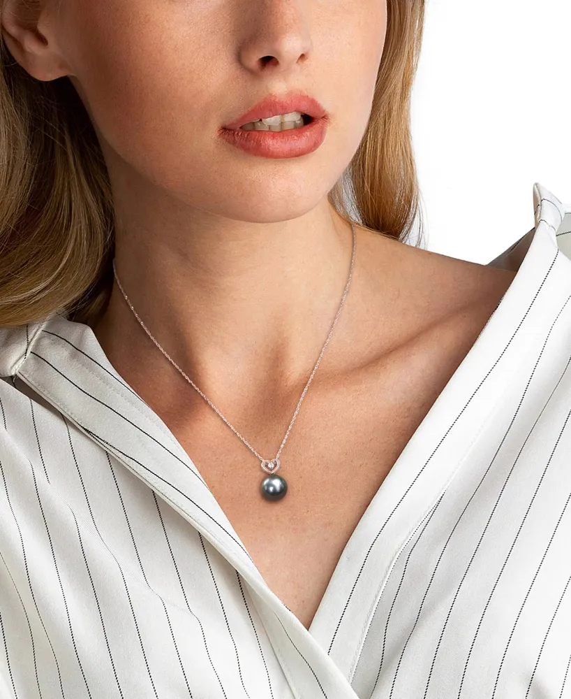 Black Cultured Tahitian Pearl (9-1/2mm) & Diamond (1/20 ct. t.w.) Heart 17" Pendant Necklace in 10k White Gold