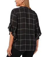 Vince Camuto Plus Plaid Flutter Sleeve Henley Blouse