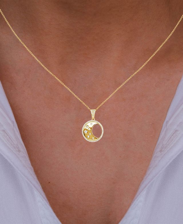 Cubic Zirconia Crescent Moon Disc 18" Pendant Necklace in 14k Gold-Plated Sterling Silver