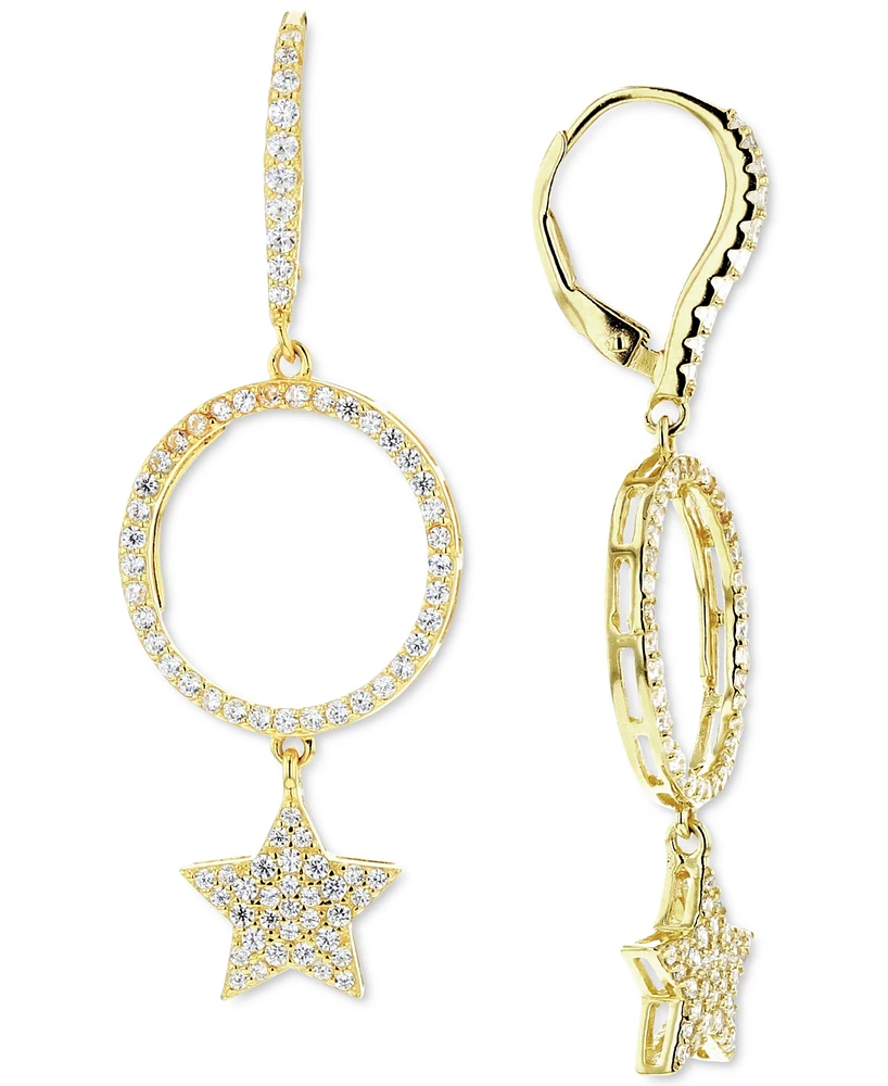 Cubic Zirconia Circle Star Drop Earrings in 14k Gold-Plated Sterling Silver