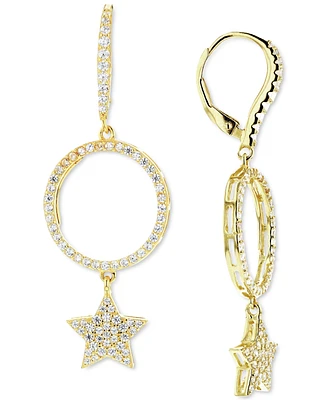 Cubic Zirconia Circle Star Drop Earrings in 14k Gold-Plated Sterling Silver