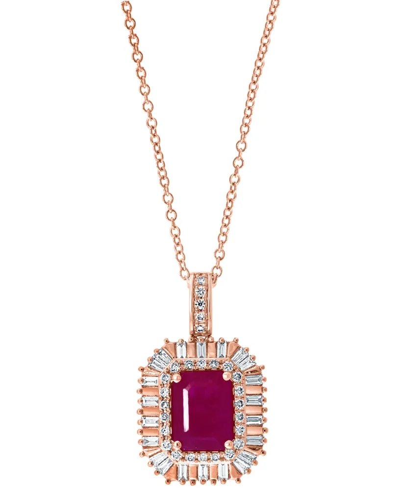 Effy Ruby (1-1/2 ct. t.w.) & Diamond (1/8 ct. t.w.) Baguette Halo 16" Pendant Necklace in 14k Rose Gold