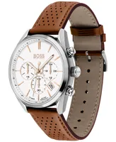 Hugo Boss Men's Chronograph Champion Brown Perforated Leather Strap Watch 44mm