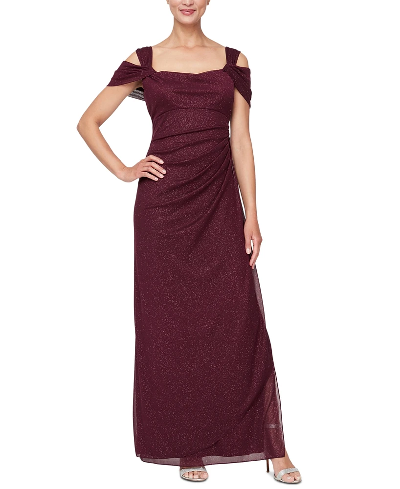 Alex Evenings Petite Cold-Shoulder Draped Metallic Gown