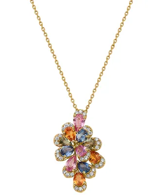 Effy Multi-Sapphire (2-1/6 ct. t.w.) & Diamond (1/6 ct. t.w.) Flower 16" Pendant Necklace in 14k Gold