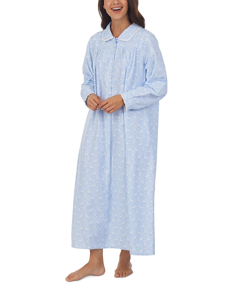 Lanz of Salzburg Cotton Lace-Trim Flannel Nightgown