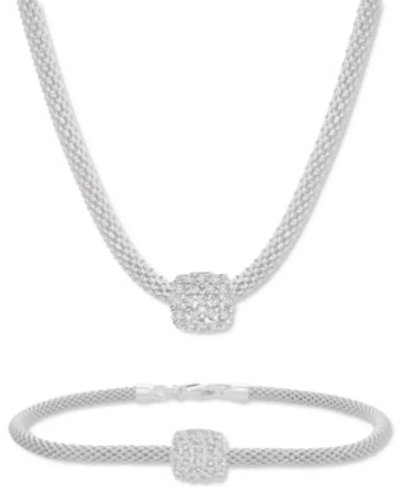 Cubic Zirconia Square Charm Mesh Link Pendant Necklace Matching Bracelet Collection In Sterling Silver