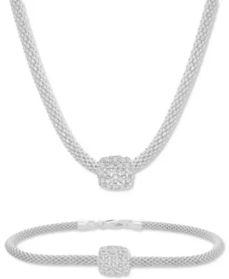 Cubic Zirconia Square Charm Mesh Link Pendant Necklace Matching Bracelet Collection In Sterling Silver