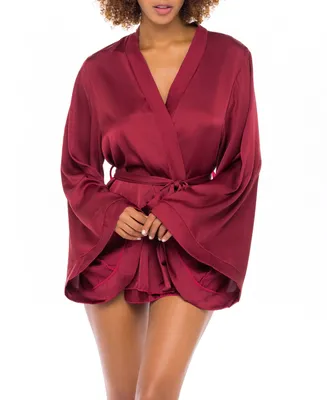 Women's Short Polyester Charmeuse Lingerie Robe with Wide Sleeves and A Tie Belt