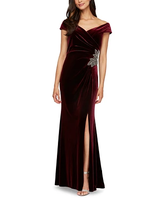 Alex Evenings Petite Velvet Off-The-Shoulder Evening Gown