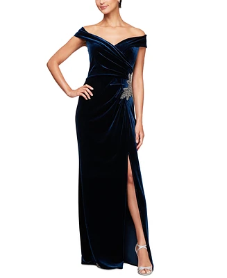 Alex Evenings Women's Velvet Off-The-Shoulder Evening Gown
