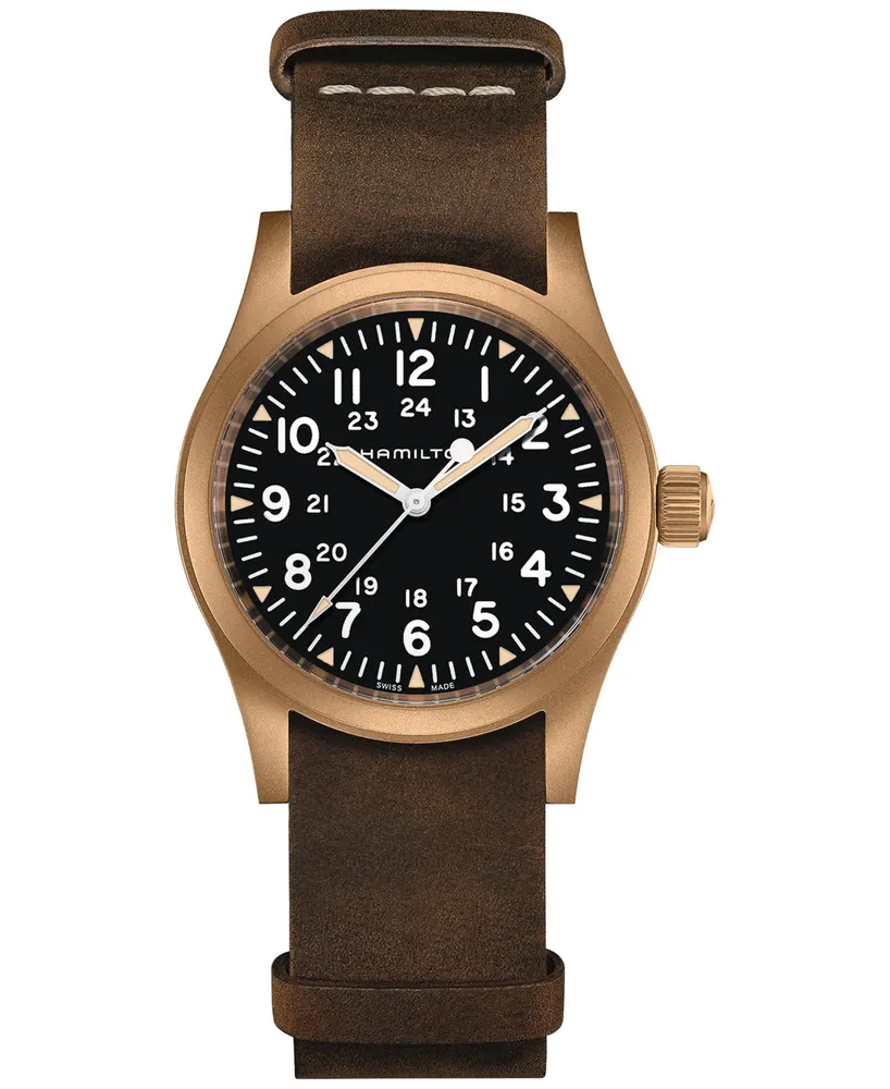 Hamilton Men's Swiss Mechanical Khaki Field Brown Leather Strap Watch 38mm