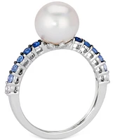 Le Vian Vanilla Pearl (9mm) & Multi-Sapphire (3/8 ct. t.w.) Ring in 14k White Gold