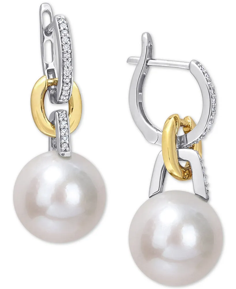 Cultured Freshwater Pearl (11mm) & Diamond (1/10 ct. t.w.) Huggie Hoop Earrings in 14k Gold & White Gold - Two