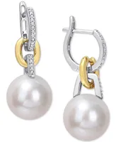 Cultured Freshwater Pearl (11mm) & Diamond (1/10 ct. t.w.) Huggie Hoop Earrings in 14k Gold & White Gold - Two