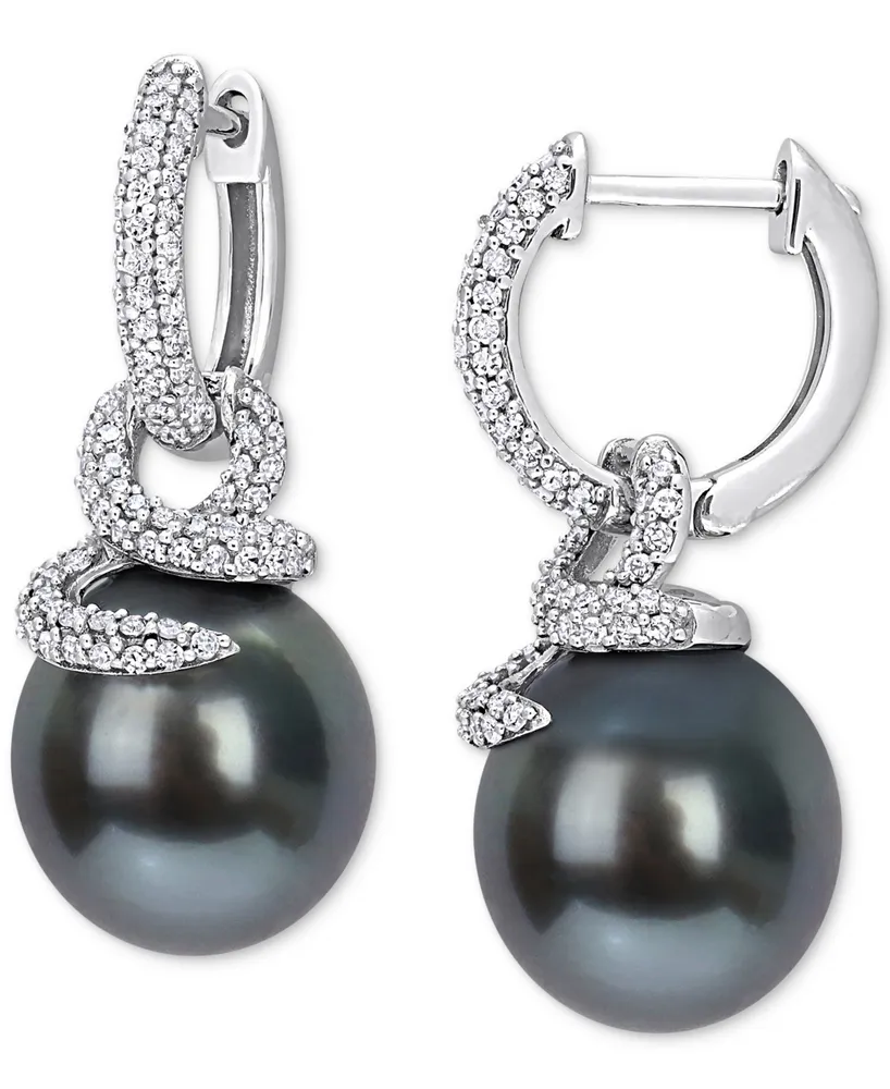 Cultured Tahitian Pearl (10-11mm) & Diamond (1/2 ct. t.w.) Coiled Huggie Hoop Earrings in 14k White Gold