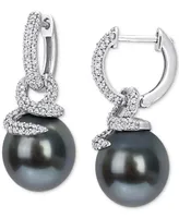 Cultured Tahitian Pearl (10-11mm) & Diamond (1/2 ct. t.w.) Coiled Huggie Hoop Earrings in 14k White Gold