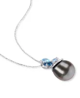 Cultured Tahitian Pearl (9-10mm), Blue Topaz (5/8 ct. t.w.), & Diamond Accent 17" Pendant Necklace in 14k White Gold