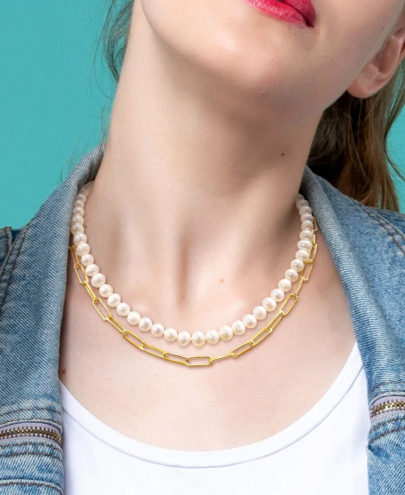 Cultured Freshwater Pearl (7-7-1/2mm) & Paperclip Link Layered 18" Statement Necklace in 18k Gold-Plated Sterling Silver