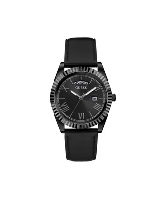 Guess Men's Black Leather Strap Day-Date Watch 42mm