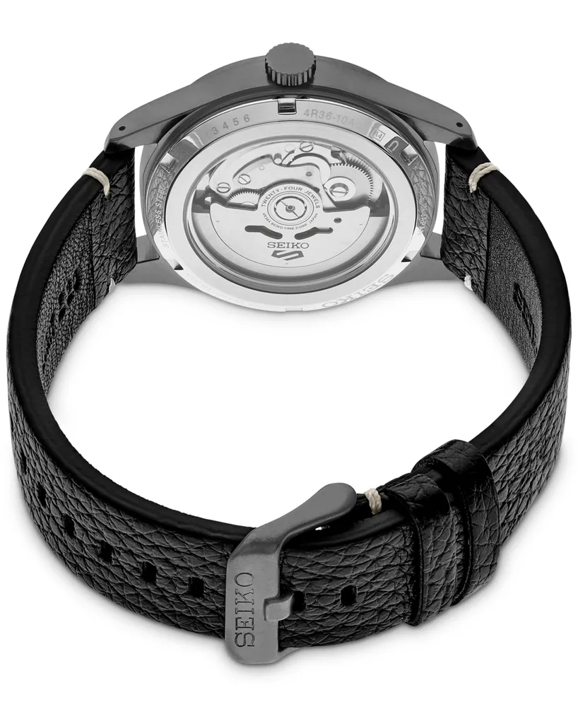 Seiko Men's Automatic 5 Sports Black Leather Strap Watch 43mm