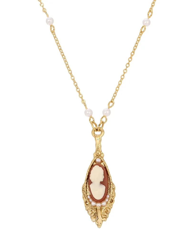 2028 14K Gold-tone Carnelian Cameo Drop Imitation Pearl Chain Necklace