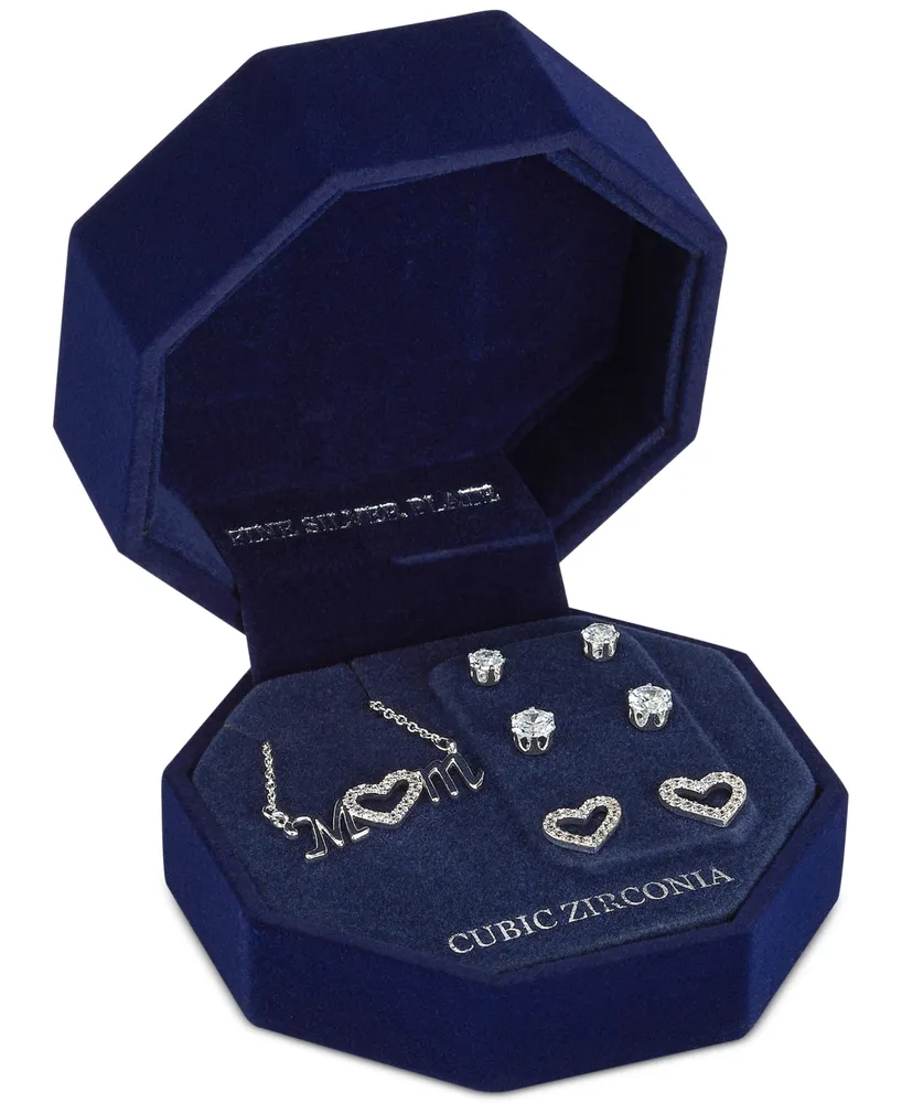 Silver Plated Cubic Zirconia Pave Mom Heart Necklace with Three Piece Earring Set
