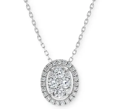 Diamond Oval Halo Cluster Pendant Necklace (1 ct. t.w.) in 14k White Gold, 16" + 2" extender