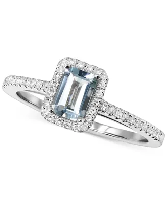 Aquamarine (1/2 ct. t.w.) & Diamond (1/6 ct. t.w.) Halo Ring in 14k White Gold