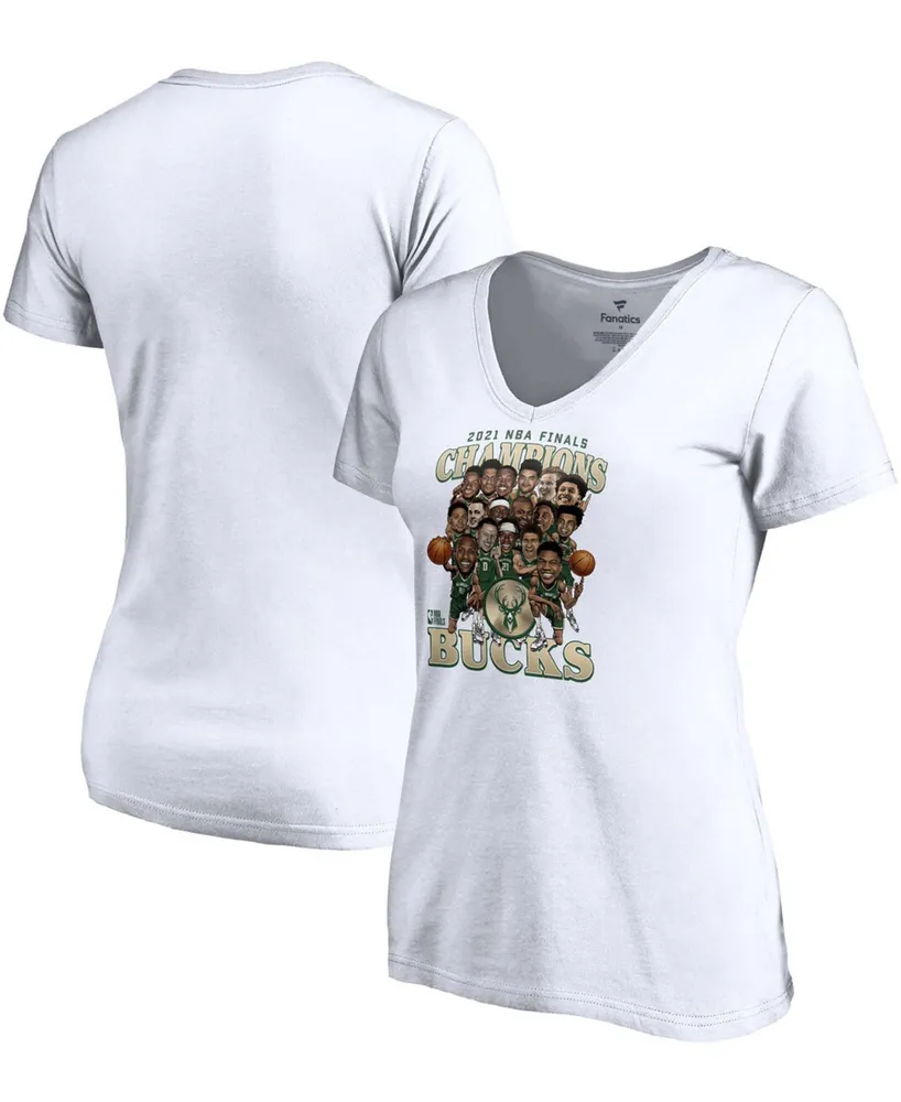 Women's White Milwaukee Bucks 2021 Nba Finals Champions Team Caricature Roster V-Neck T-shirt