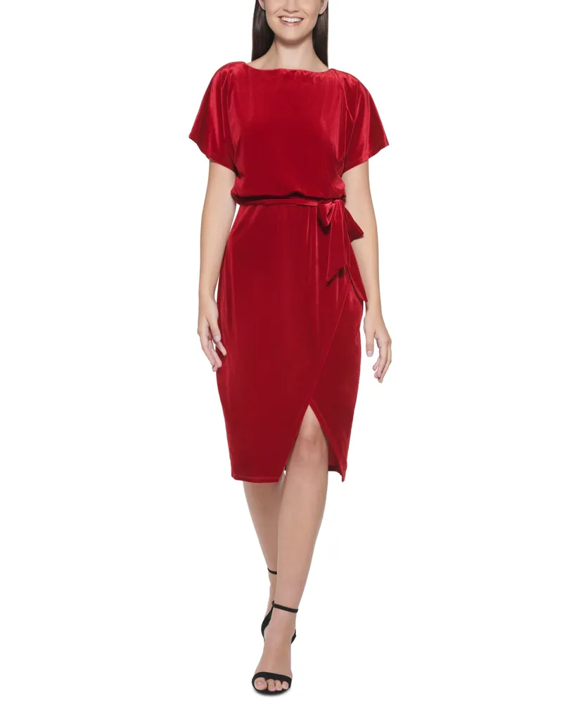 kensie Stretch-Velvet Boatneck Tie-Waist Sheath Dress