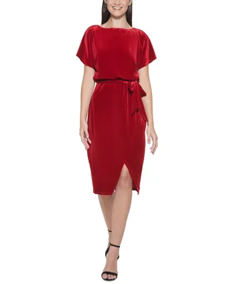 kensie Stretch-Velvet Boatneck Tie-Waist Sheath Dress