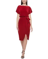 kensie Stretch-Velvet Boatneck Tie-Waist Sheath Dress