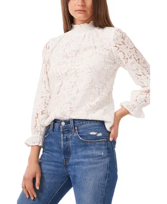 1.state Women's Long Sleeve Smocked Neck Lace Blouse