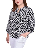Ny Collection Plus 3/4 Sleeve Roll Tab Y Neck Blouse