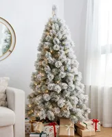 Glitzhome Pre-Lit Flocked Pencil Pine Artificial Christmas Tree with 300 Warm White Lights, 6'