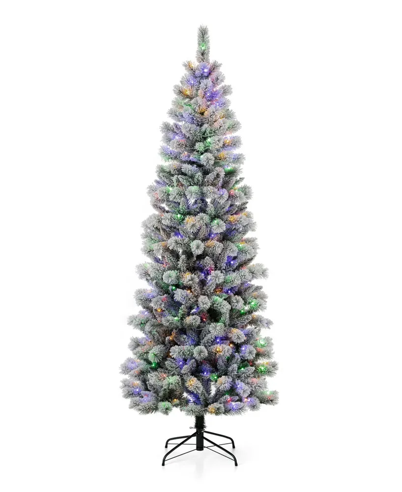 Glitzhome Pre-Lit Flocked Pencil Pine Artificial Christmas Tree with 300 Warm White-Multi-Color Lights, 7.5'
