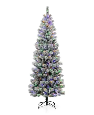 Glitzhome Pre-Lit Flocked Pencil Pine Artificial Christmas Tree with 300 Warm White-Multi-Color Lights, 7.5'