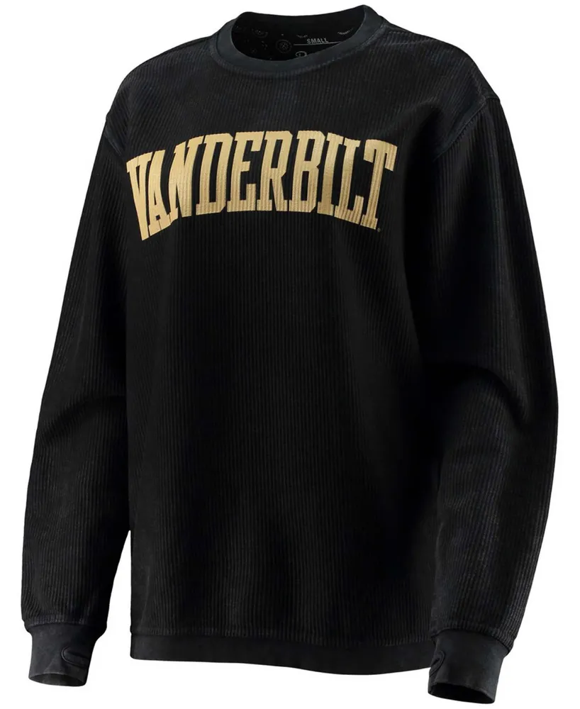 Women's Black Vanderbilt Commodores Comfy Cord Vintage-Like Wash Basic Arch Pullover Sweatshirt