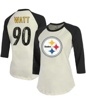 Women's T.j. Watt Cream, Black Pittsburgh Steelers Player Raglan Name Number 3/4 Sleeve T-shirt