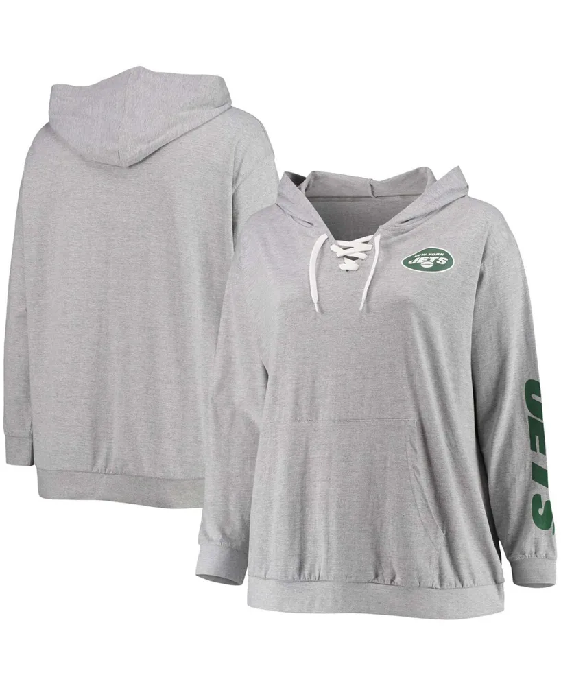 Women's Plus Heathered Gray New York Jets Lace-Up Pullover Hoodie