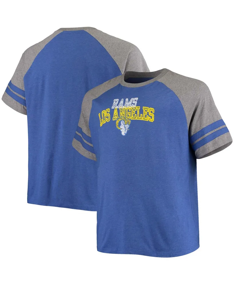 Men's Big and Tall Royal, Heathered Gray Los Angeles Rams Two-Stripe Tri-Blend Raglan T-shirt