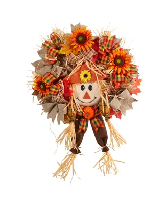 30" Scarecrow Fall Artificial Autumn Wreath with Sunflower, Pumpkin and Decorative Bows