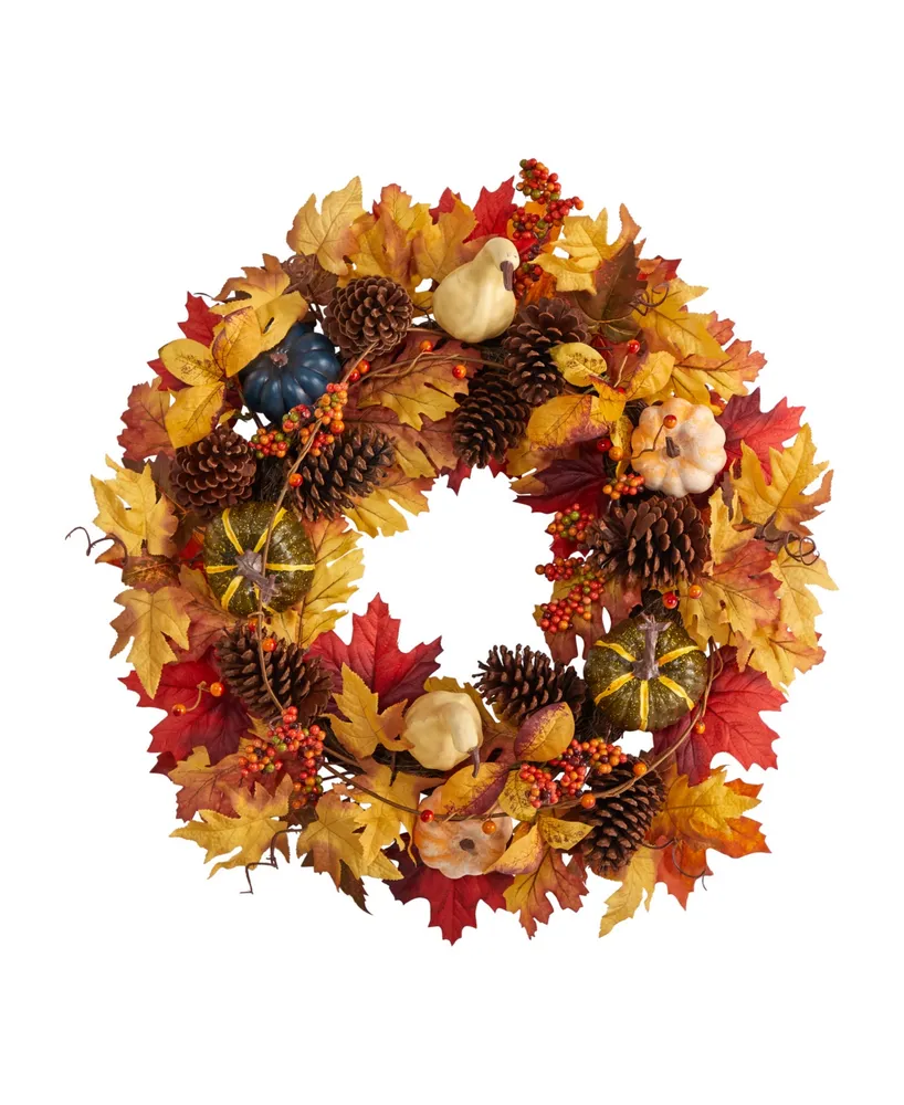 26" Fall Pumpkin, Gourd, Pinecone and Maple Leaf Artificial Autumn Wreath