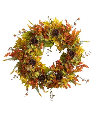 32" Fall Hydrangea, Ranunculus and Maple Leaf Autumn Artificial Wreath