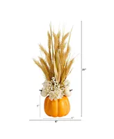 21" Autumn Dried Wheat and Pumpkin Artificial Fall Arrangement in Decorative Pumpkin Vase